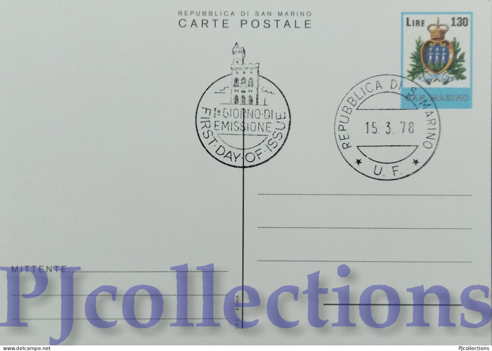 5642- SAN MARINO 1978 CARTOLINA POSTALE ORDINARIA L.130 C/ANNULLO 1° GIORNO - Covers & Documents