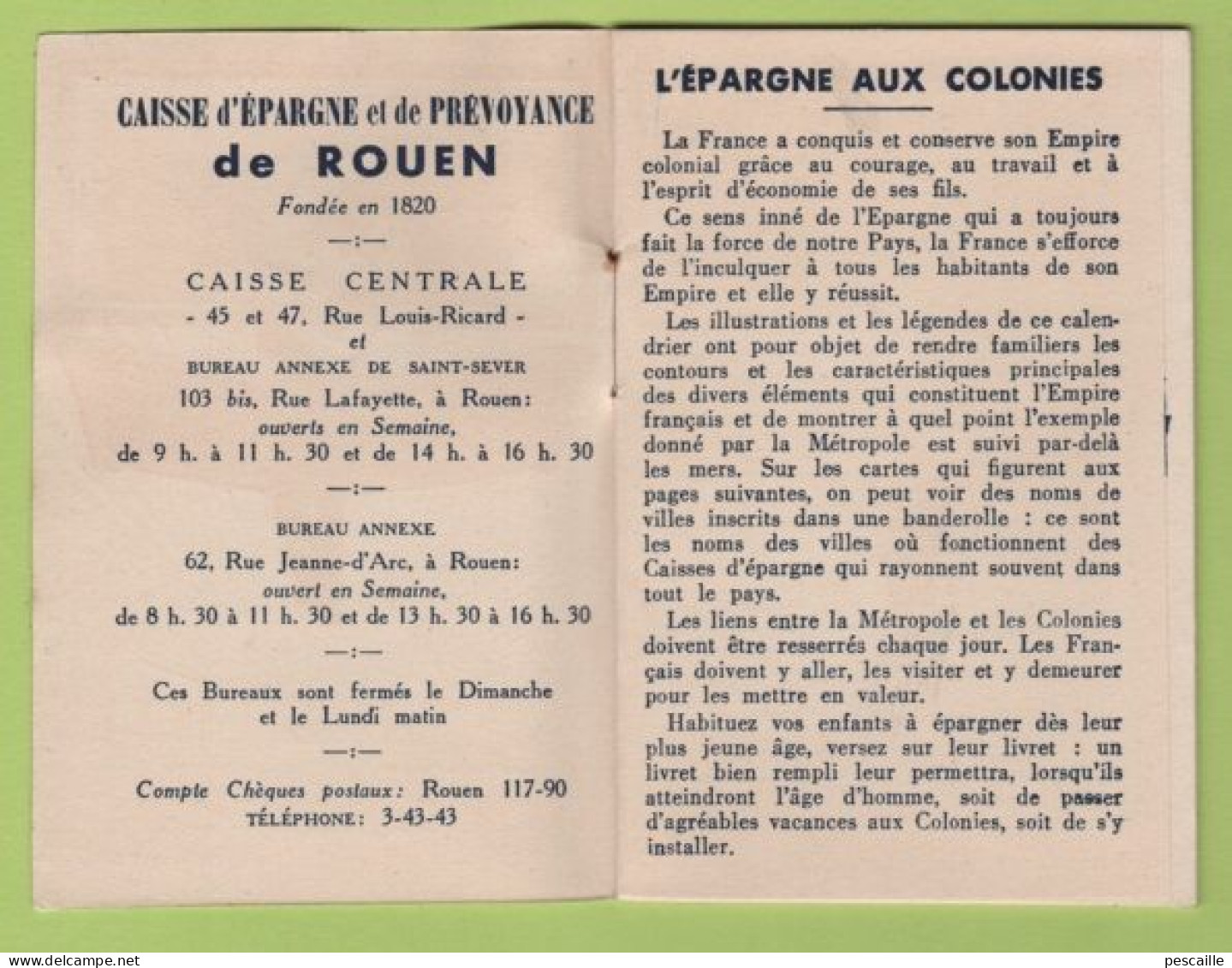 CALENDRIER 1940 CAISSE D'EPARGNE DE ROUEN - L'EPARGNE AUX COLONIES - COLONIES D.O.M. / T.O.M. AFRIQUE INDOCHINE - Petit Format : 1921-40