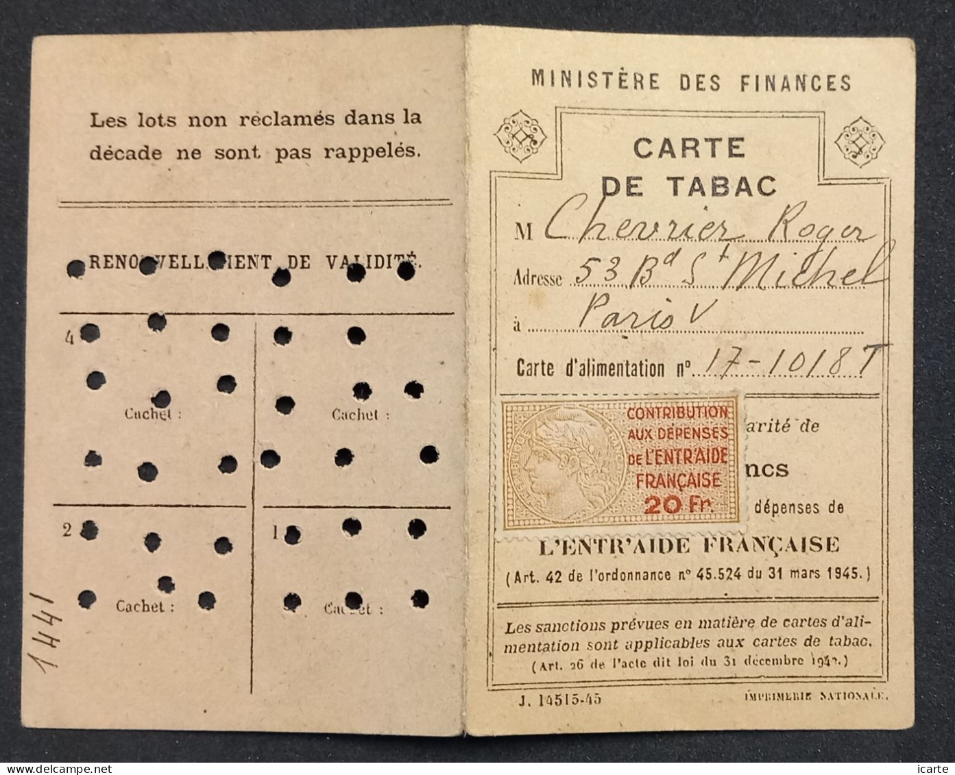 Carte De Tabac Bd Saint Michel Paris 5e 1945 Timbre Fiscal Entraide Française - Documenten