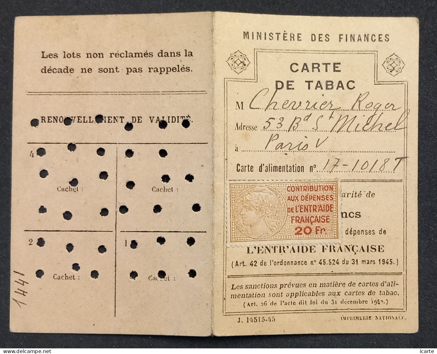 Carte De Tabac Bd Saint Michel Paris 5e 1945 Timbre Fiscal Entraide Française - Documents