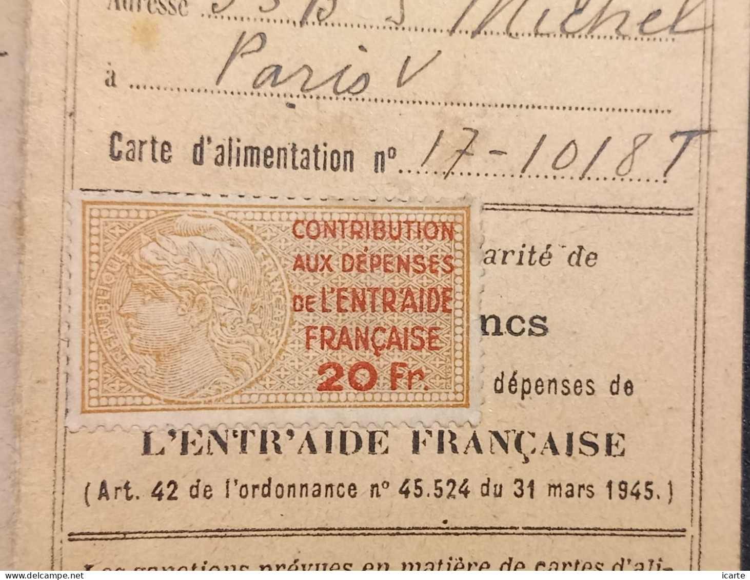 Carte De Tabac Bd Saint Michel Paris 5e 1945 Timbre Fiscal Entraide Française - Documenti