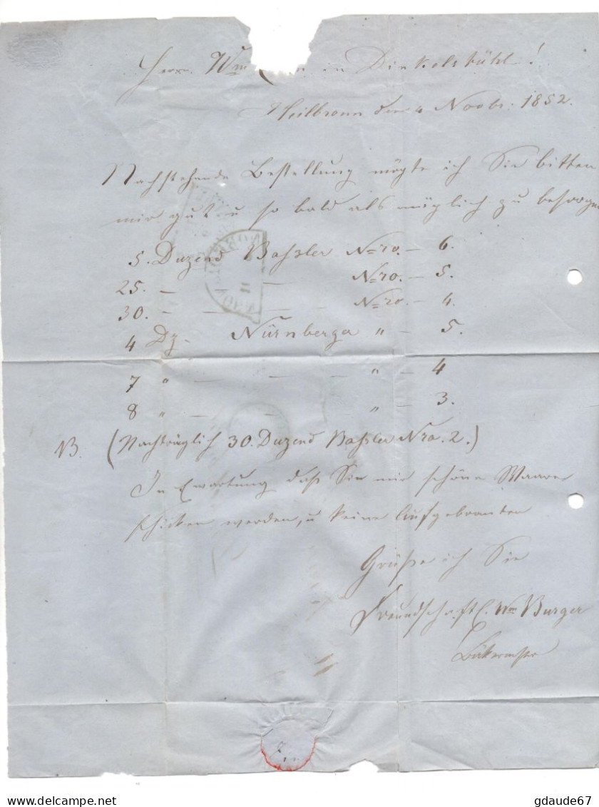 1852 - LETTRE De HEILBRONN (WURTEMBERG) - Brieven En Documenten
