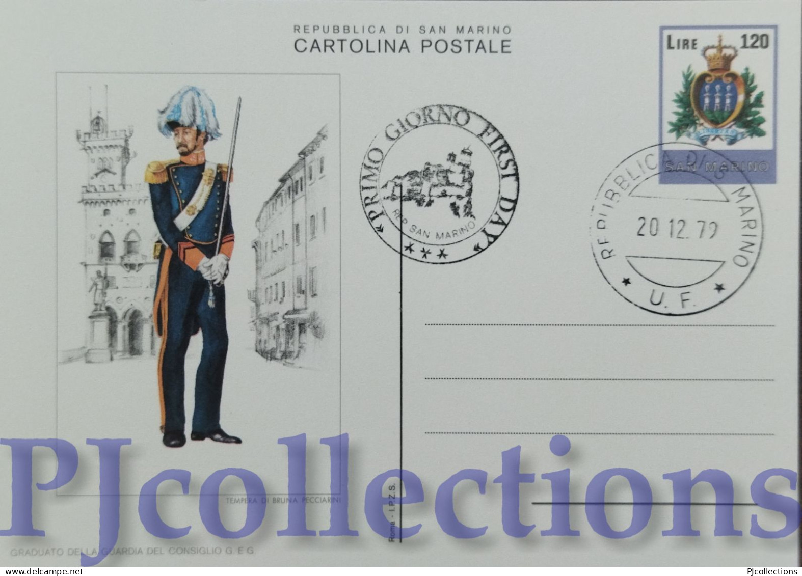 5654- SAN MARINO 1979 CARTOLINA POSTALE UNIFORMI MILITARI L.120 C/ANNULLO 1° GIORNO - Covers & Documents