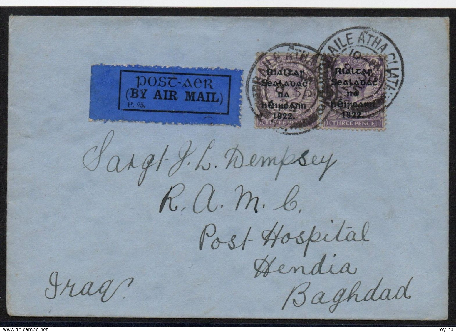 1925 Airmail Cover From Dublin To Baghdad, Franked 2x 5-line Overprints, Right Stamp With "R Over Se". - Poste Aérienne