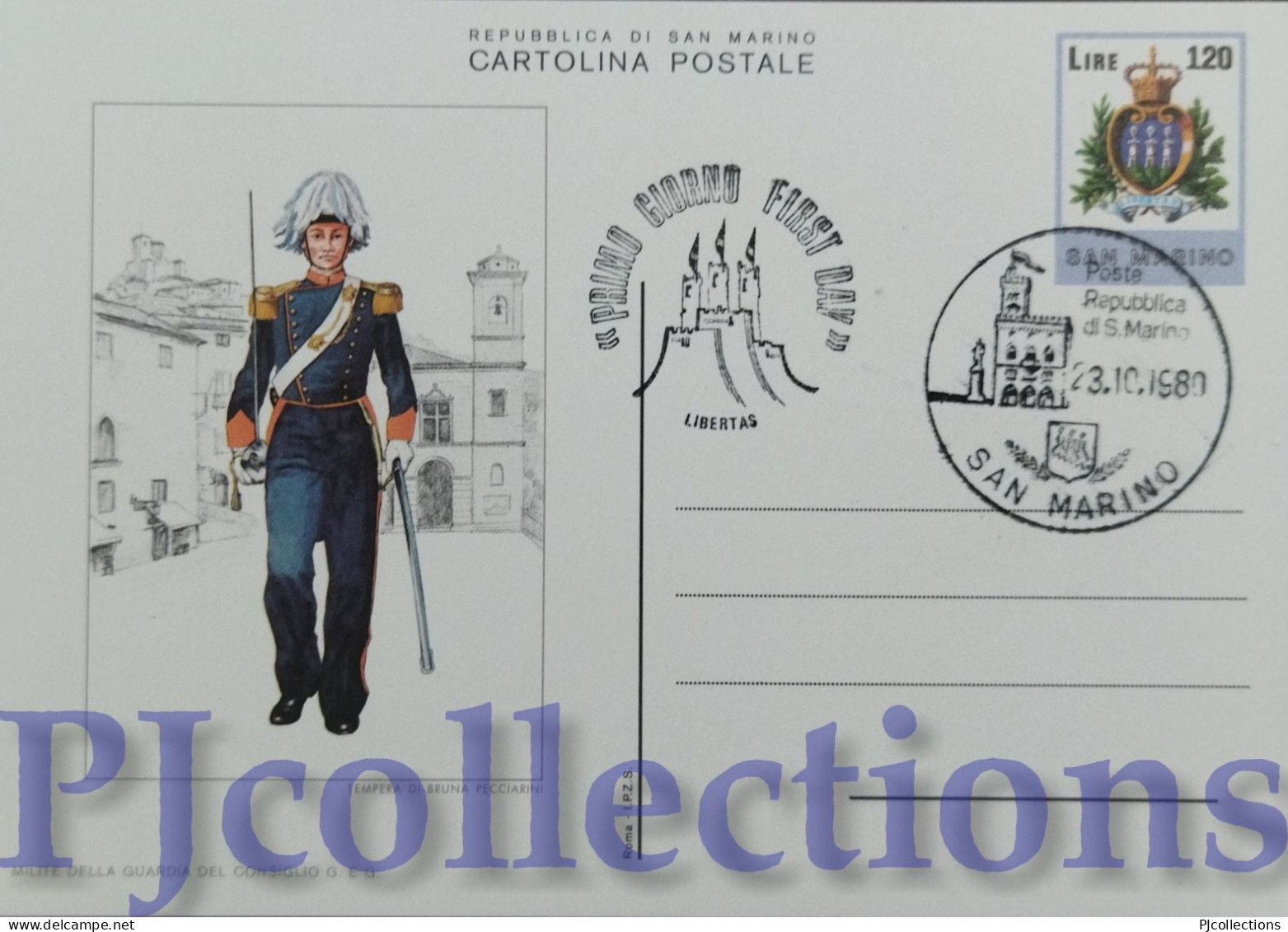 5665- SAN MARINO 1980 CARTOLINA POSTALE UNIFORMI MILITARI L.120 C/ANNULLO 1° GIORNO - Covers & Documents