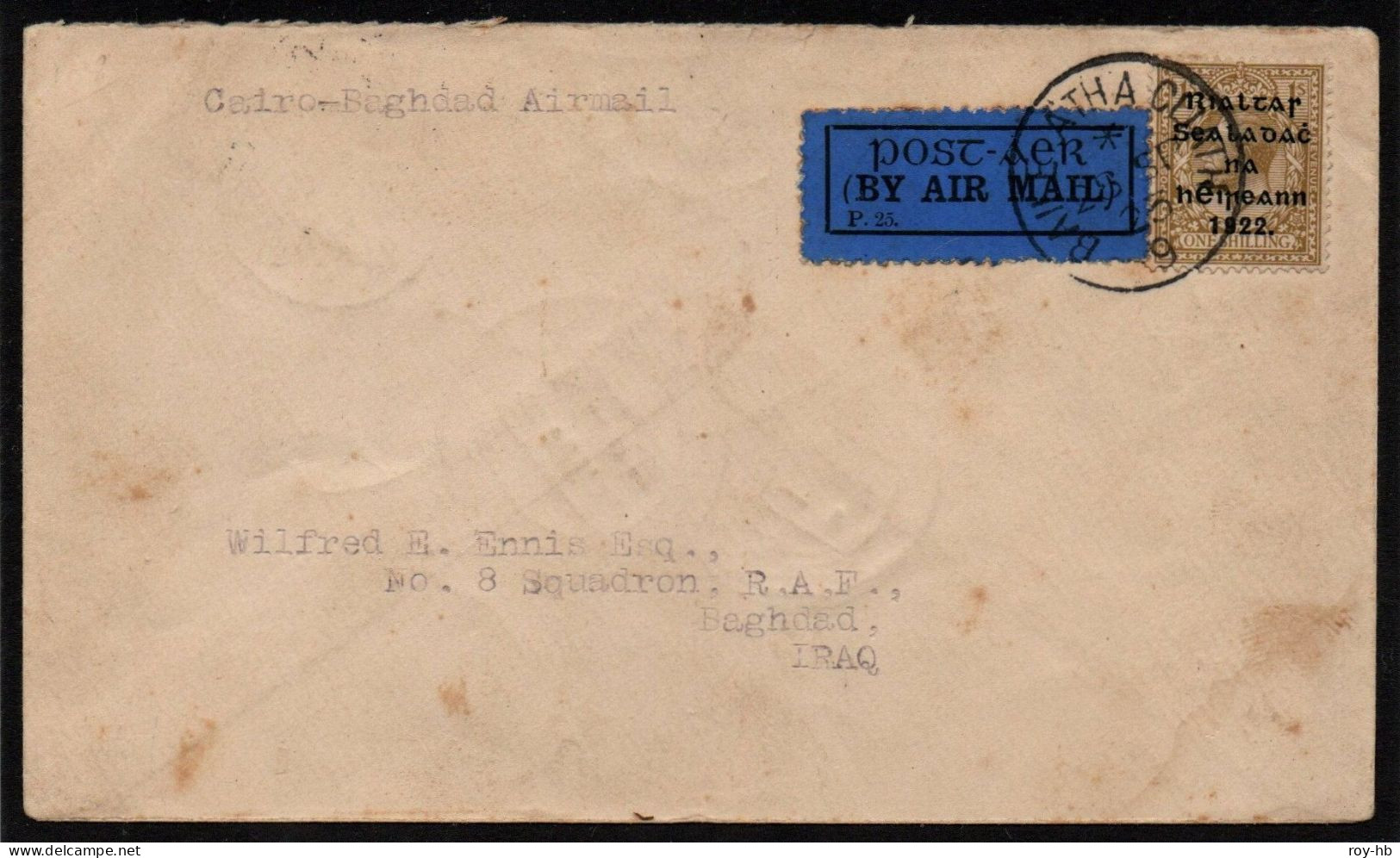 1923 Airmail Cover From Dublin To Baghdad With 1/- Thom "wide" Single-franking, Sent Via Cairo.  Read On .... - Poste Aérienne