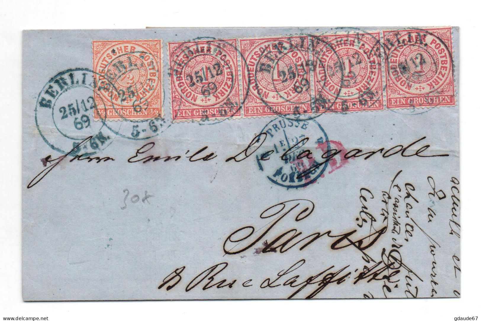 1869 - LETTRE De BERLIN Avec BANDE X4 Pour PARIS - Storia Postale