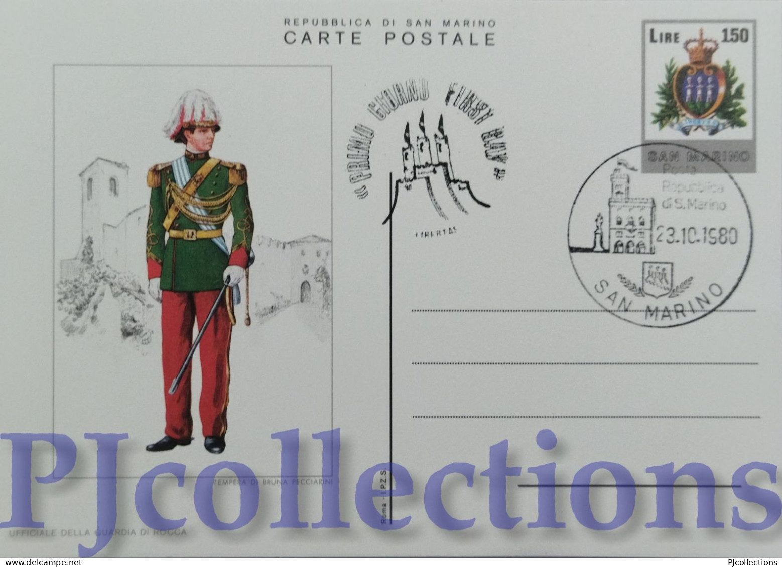 5667- SAN MARINO 1980 CARTOLINA POSTALE UNIFORMI MILITARI L.150 C/ANNULLO 1° GIORNO - Covers & Documents