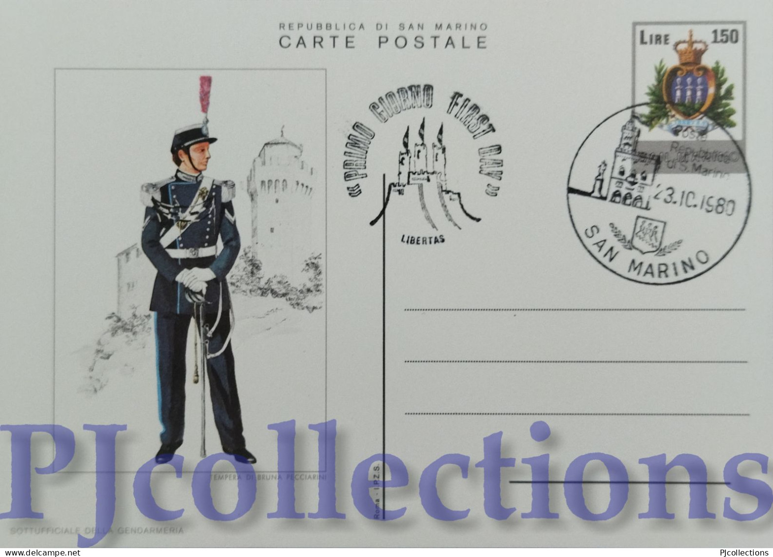 5669- SAN MARINO 1980 CARTOLINA POSTALE UNIFORMI MILITARI L.150 C/ANNULLO 1° GIORNO - Covers & Documents