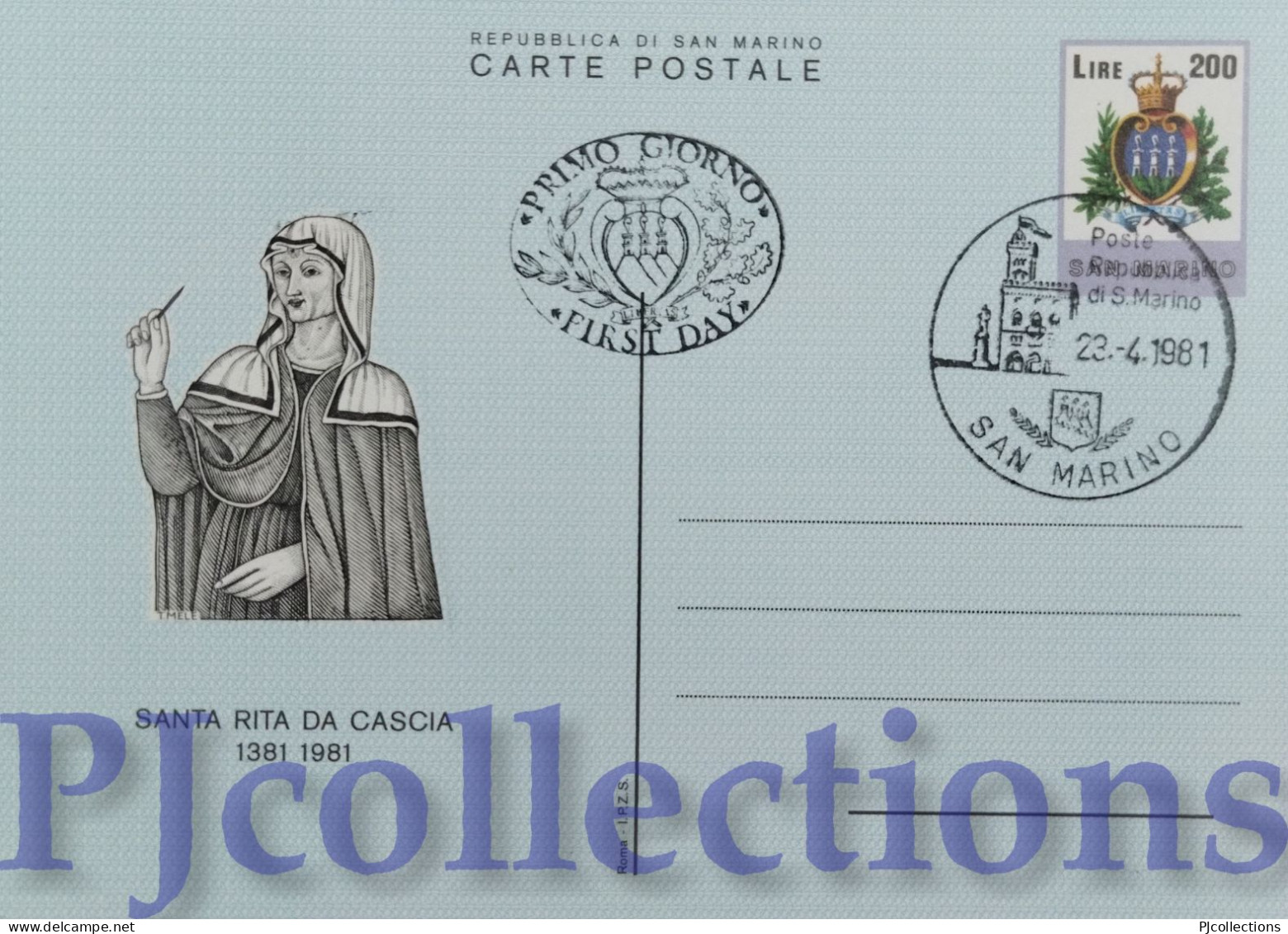 5676- SAN MARINO 1981 CARTOLINA POSTALE SANTA RITA DA CASCIA L.200 C/ANNULLO 1° GIORNO - Lettres & Documents