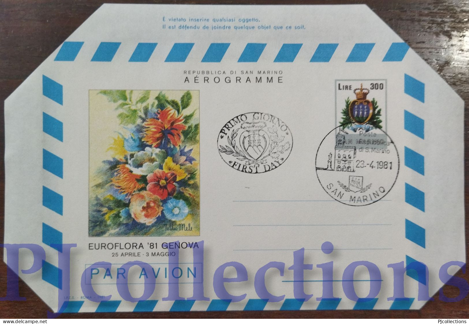 5677- SAN MARINO 1981 AEROGRAMMA EUROFLORA 81 GENOVA L.300 C/ANNULLO 1° GIORNO - Storia Postale