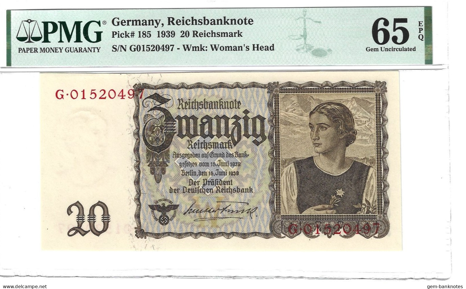 Germany 20 Reichsmark 1939 P185 Graded 65 EPQ Gem Uncirculated By PMG - 20 Reichsmark