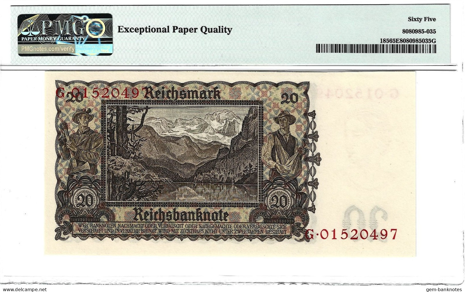 Germany 20 Reichsmark 1939 P185 Graded 65 EPQ Gem Uncirculated By PMG - 20 Reichsmark