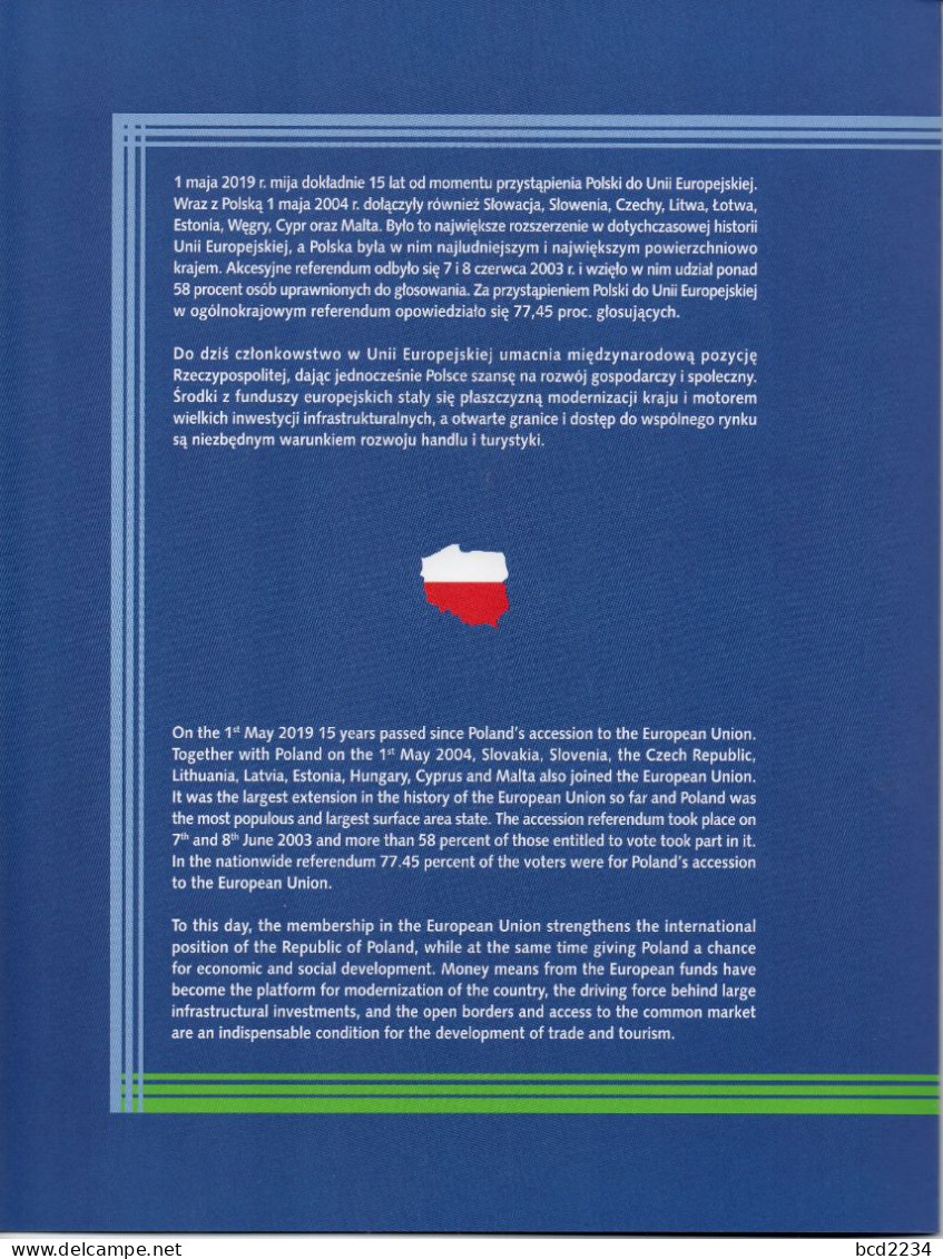 POLAND 2019 POST OFFICE SPECIAL LIMITED EDITION FOLDER: 15TH ANNIVERSARY OF POLISH ACCESSION TO EU EUROPEAN UNION 2004 - Lettres & Documents