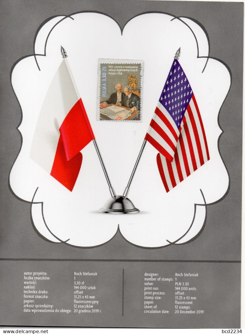 POLAND 2019 POST OFFICE SPECIAL LIMITED EDITION FOLDER: 100TH ANNIVERSARY OF USA AND POLISH DIPLOMATIC RELATIONS FLAGS - Storia Postale