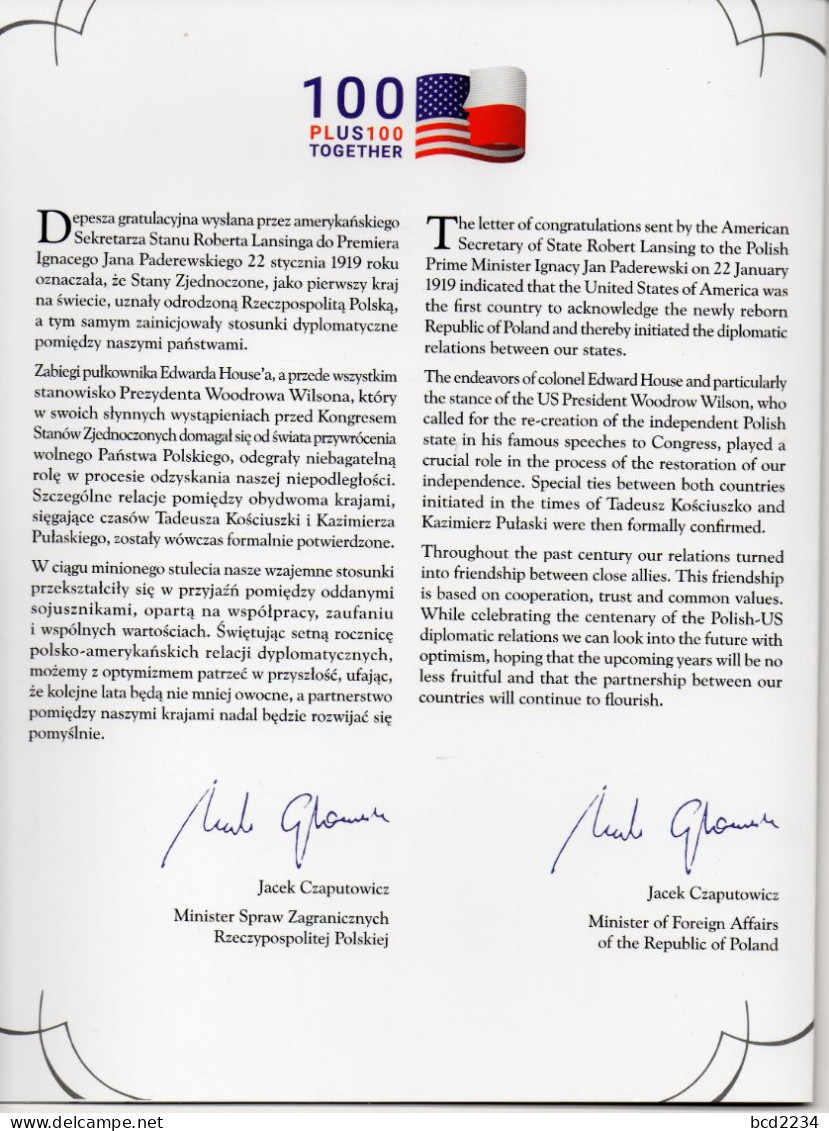 POLAND 2019 POST OFFICE SPECIAL LIMITED EDITION FOLDER: 100TH ANNIVERSARY OF USA AND POLISH DIPLOMATIC RELATIONS FLAGS - Recordatorios