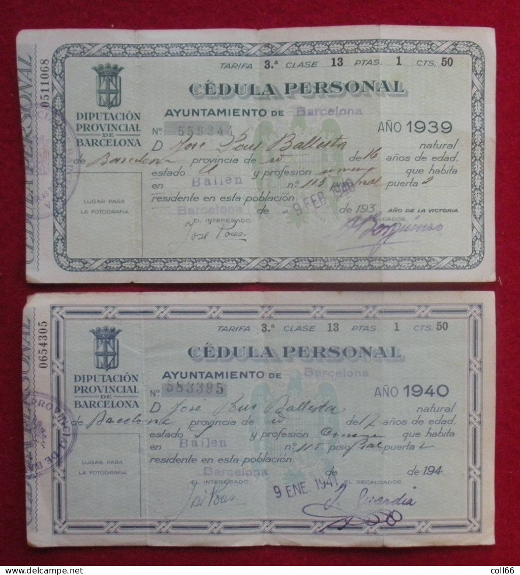 1939 Et 1940 Lot De 2 Cédula Personal Ayutamiento De Barcelona De José Pous Ballesta Dos Scanné - Spanje