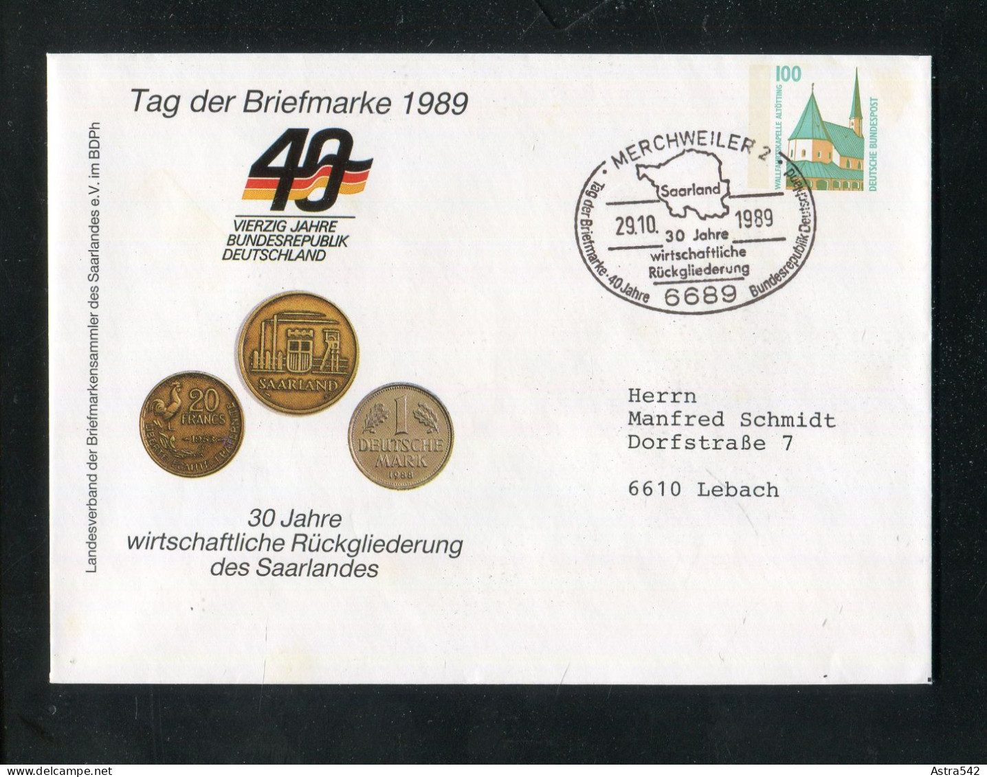 "BUNDESREPUBLIK DEUTSCHLAND" 1989, Privat-GSU "Wirtschaftliche Rueckgliederung Des Saarlandes", SSt."Merchweiler" (A621) - Enveloppes Privées - Oblitérées