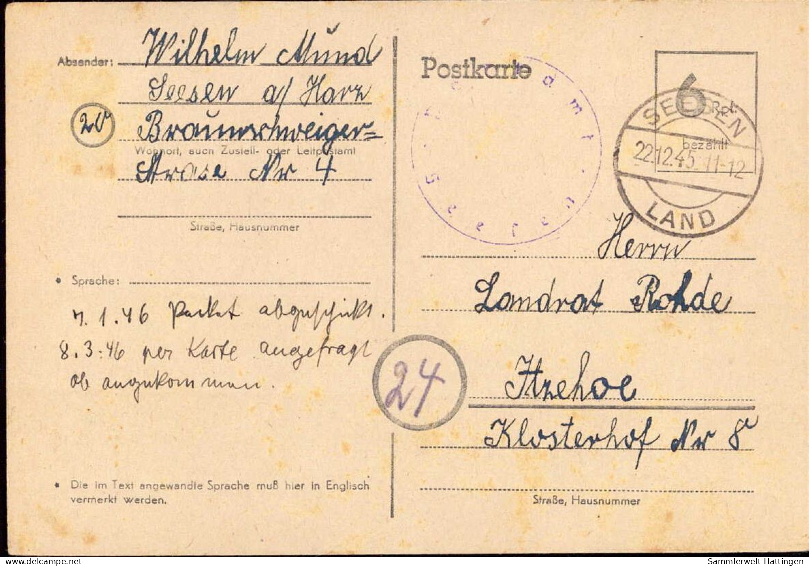 602236 | 1945, Ganzsache Der Britischen Zone Mit Postamtssiegel  | Seesen (W - 3370), -, - - OC38/54 Belgische Bezetting In Duitsland