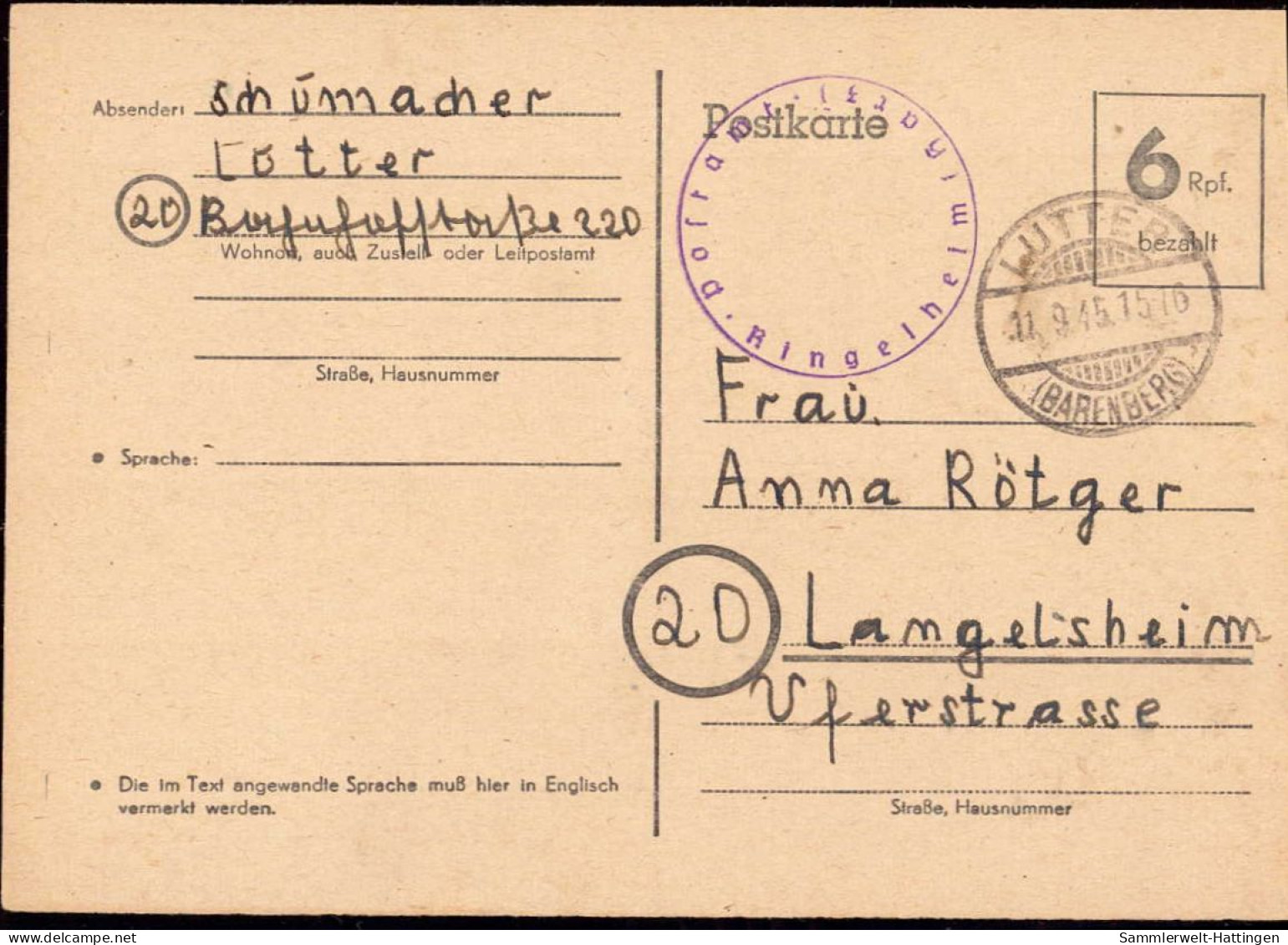 602231 | 1945, Ganzsache Britischen Zone Mit Postamtssiegel Aufgegeben In Lutter Am Barenberge | Ringelheim; Salzgitter - OC38/54 Occupation Belge En Allemagne