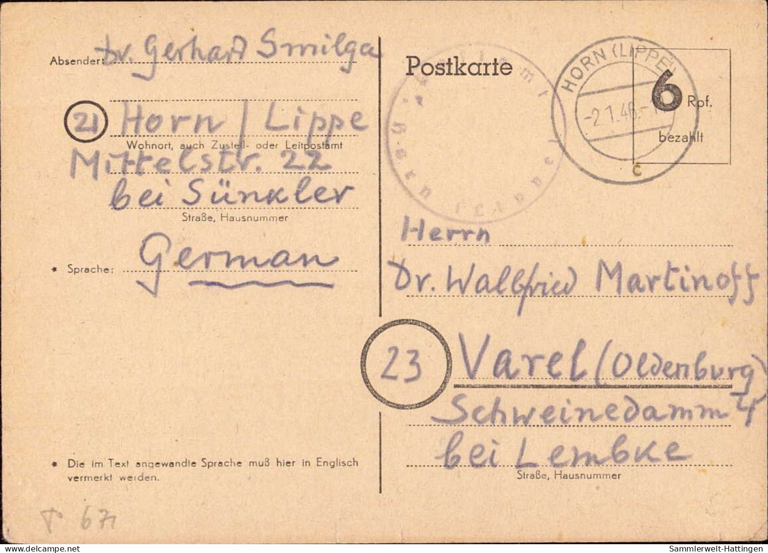 602238 | 1945, Ganzsache Der Britischen Zone Mit Postamtssiegel | Horn-Bad Meinberg (W 4934) - OC38/54 Belgian Occupation In Germany