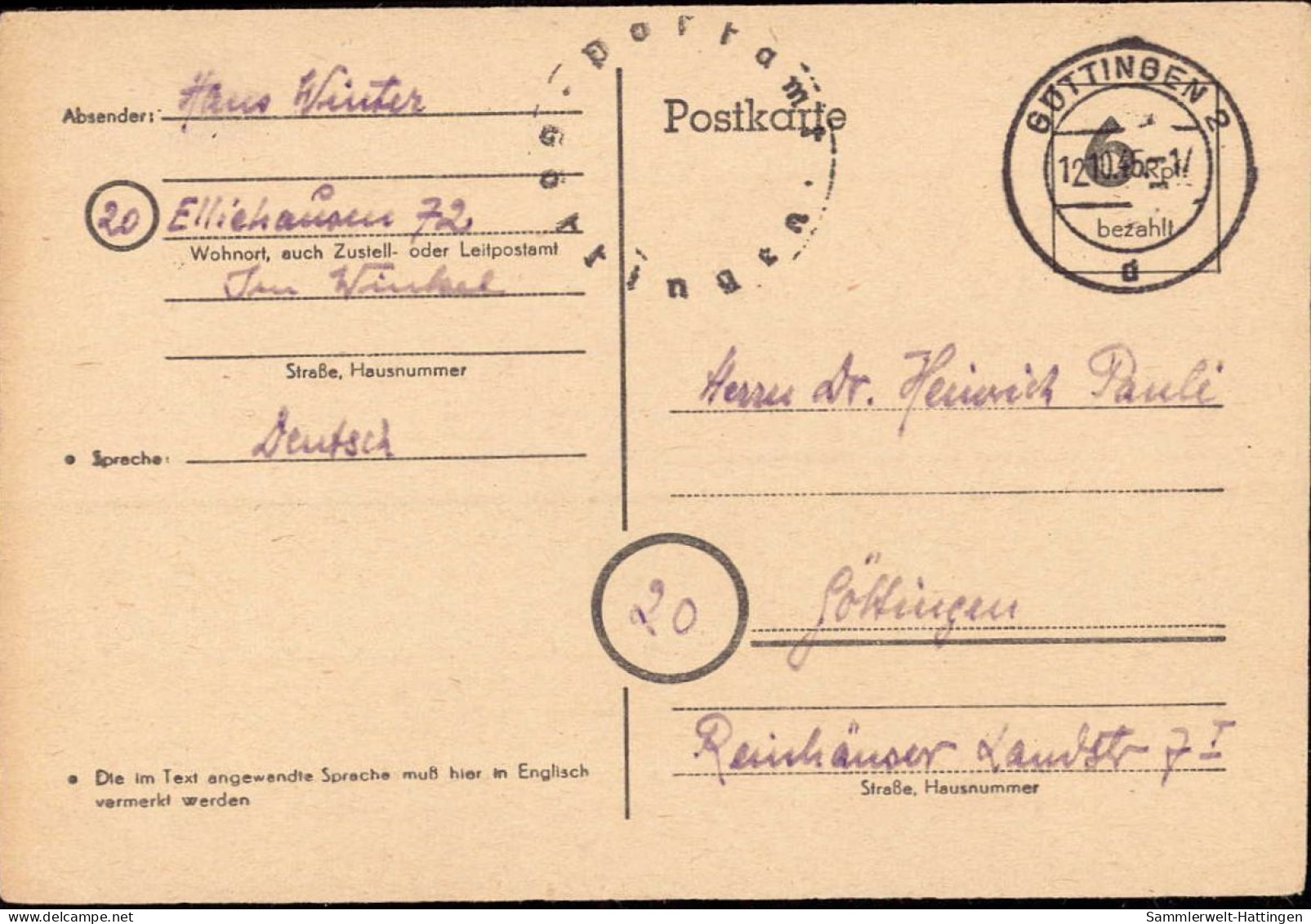 602234 | 1945, Ganzsache Der Britischen Zone Mit Postamtssiegel  | Göttingen (W - 3400), -, - - OC38/54 Occupation Belge En Allemagne