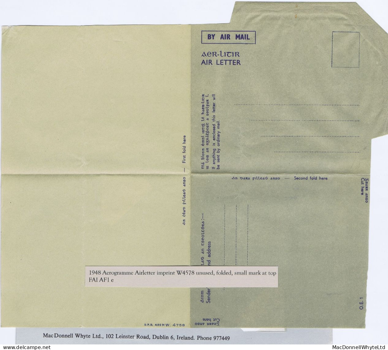 Ireland Aerogramme 1948 AIR LETTER Imprint W.4758 Unused, Folded, Small Mark At Top - Airmail
