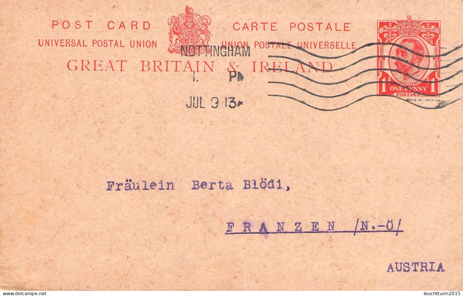 GREAT BRITAIN - POST CARD 1913 NOTTINGHAM > FRANZEN/AT Mi #P41 / YZ497 - Lettres & Documents