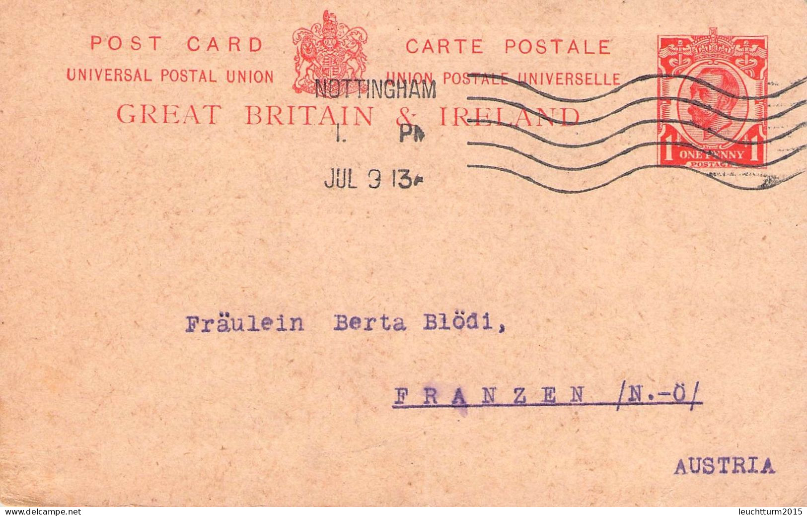 GREAT BRITAIN - POST CARD 1913 NOTTINGHAM > FRANZEN/AT Mi #P41 / YZ497 - Cartas & Documentos