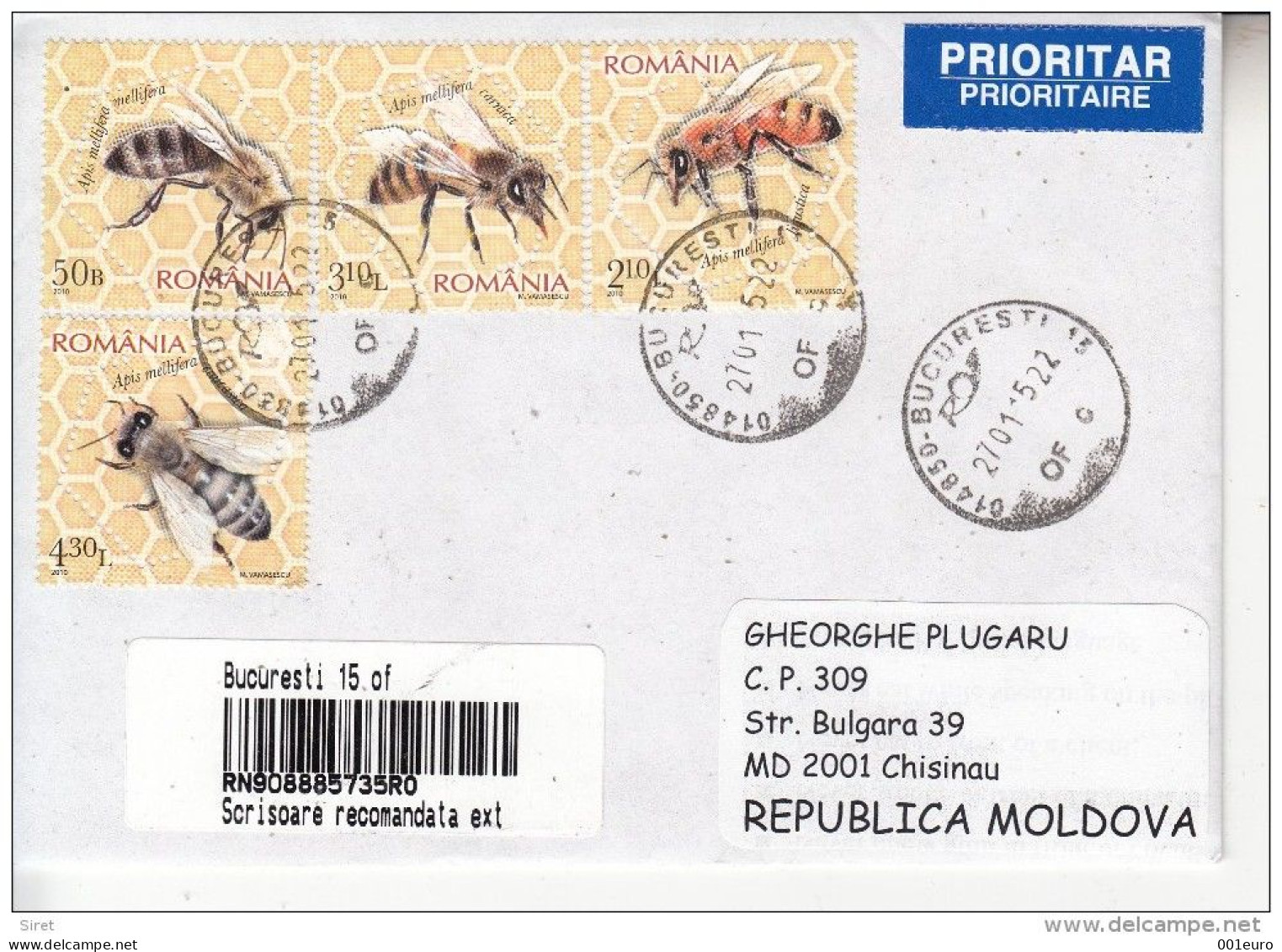 ROMANIA : HONEY BEES 4 Stamps On Registered Cover Circulated To MOLDOVA #300589234 - Registered Shipping! - Used Stamps
