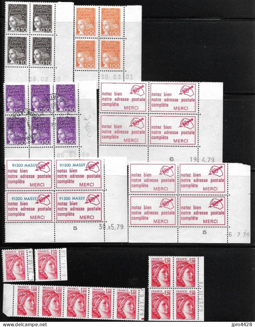 France - Lot 21 Coins Datés, Plus 3 De Code Postal, Plus 4 Divers Issus De Carnet,(1 Bloc Sans Gomme), Et 1 Bloc Oblit. - 1970-1979