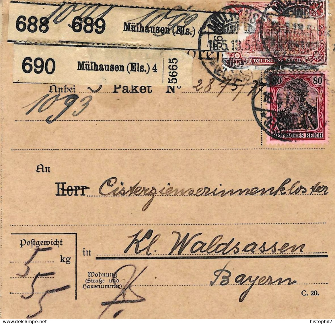 Paketkarte Bulletin 3 Colis 3 X 5 Kg Dornach 18/5/1913 Pr La Bavière 180 Pf Perforés Perfin DMC Dollfus-Mieg & Cie - Brieven En Documenten