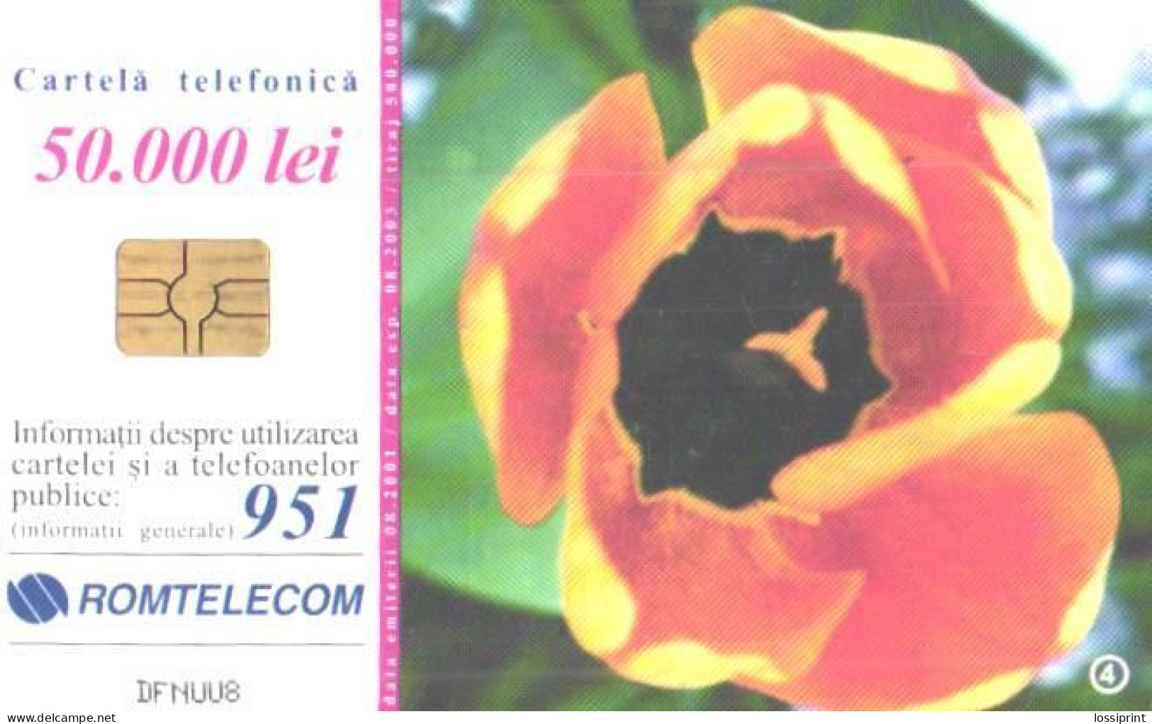 Romania:Used Phonecard, Romtelecom, 50000 Lei, Flowers, 2001 - Flores