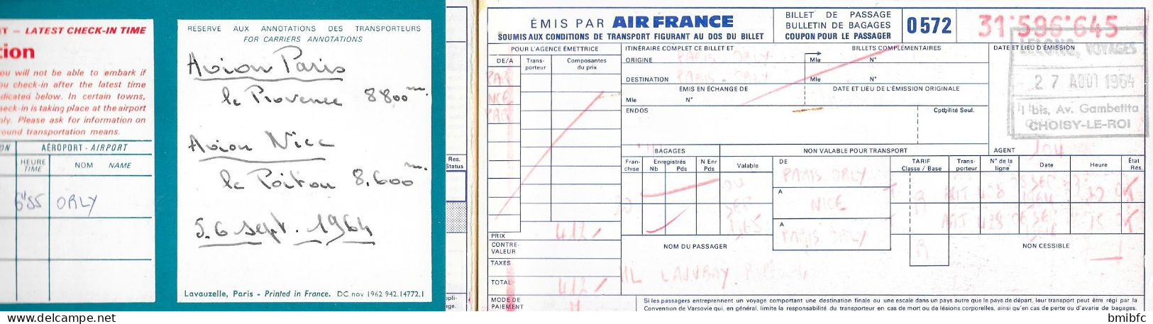 AIR FRANCE 2 Billets N° 31 596 646 Et 31 596 645 - PARIS ORLY - NICE - PARIS ORLY Du 27 Août 1964 - Europe