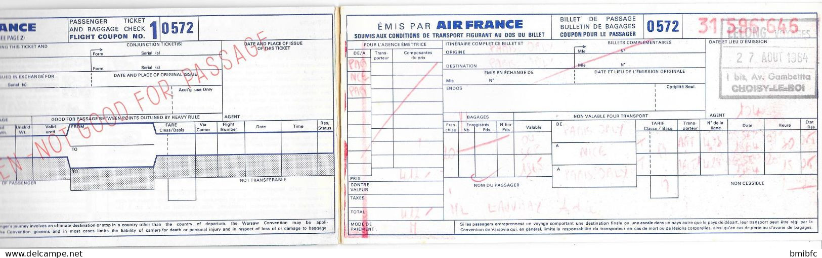 AIR FRANCE 2 Billets N° 31 596 646 Et 31 596 645 - PARIS ORLY - NICE - PARIS ORLY Du 27 Août 1964 - Europe