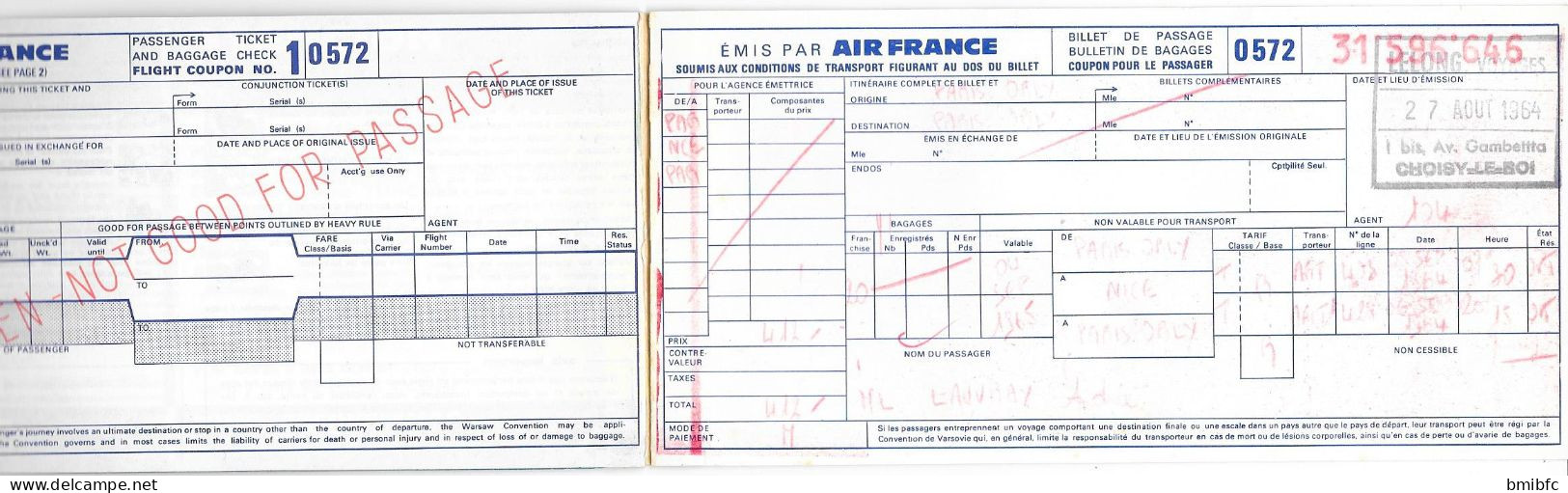 AIR FRANCE 2 Billets N° 31 596 646 Et 31 596 645 - PARIS ORLY - NICE - PARIS ORLY Du 27 Août 1964 - Europa