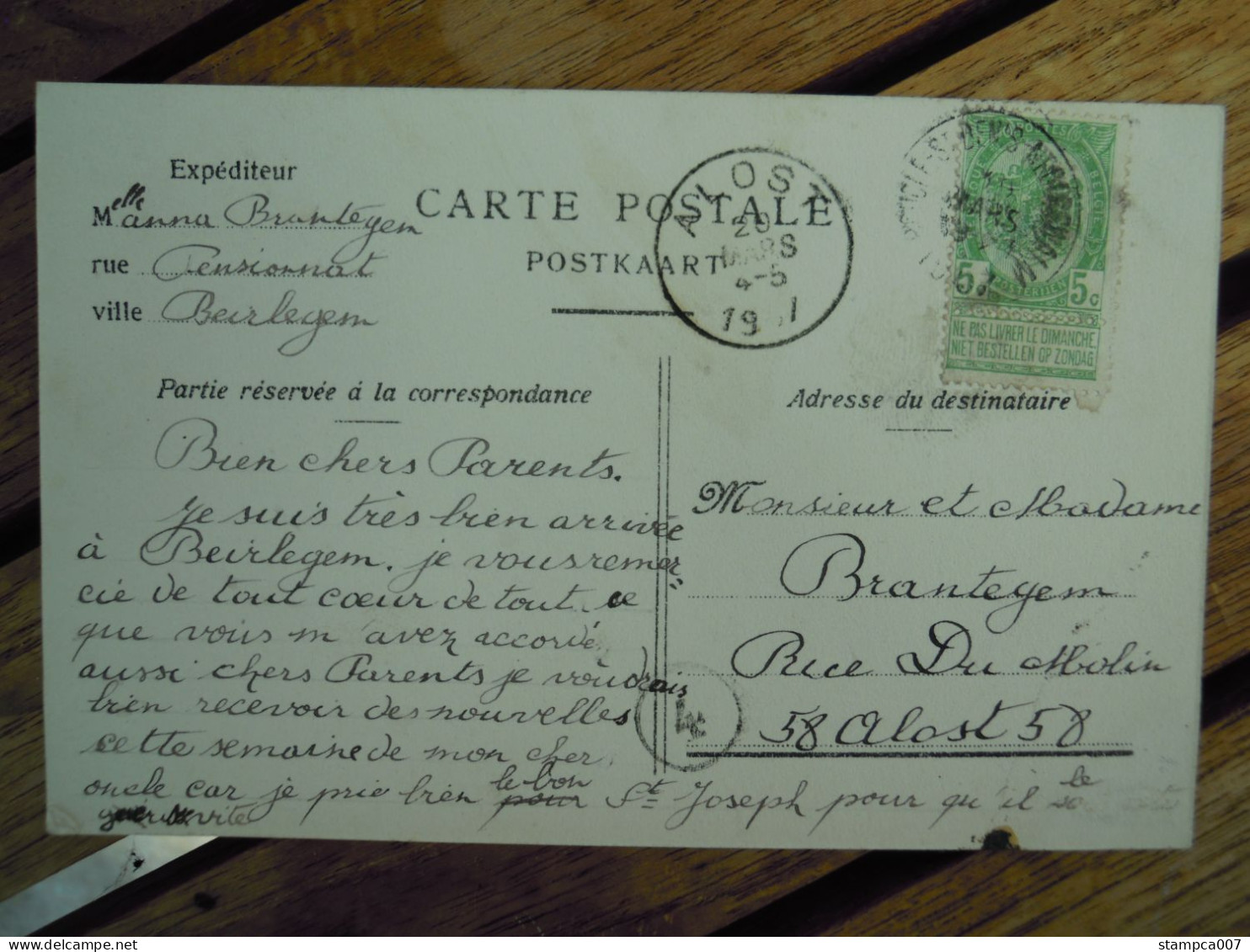 Beirlegem ( Beerlegem ) Pensionnat  Stempel Boucle Saint Denis  Brantegem Alost Aalst  (Class Doos Bra ) - Zwalm