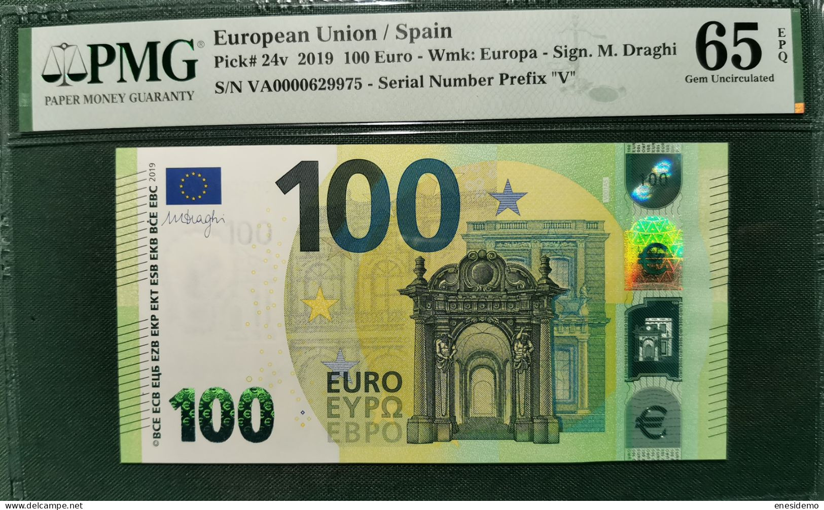 100 EURO SPAIN 2019 DRAGHI V001A5 VA0000 PMG 65 RARE VERY LOW SERIAL NUMBER SC FDS UNCIRCULATED PERFECT - 100 Euro