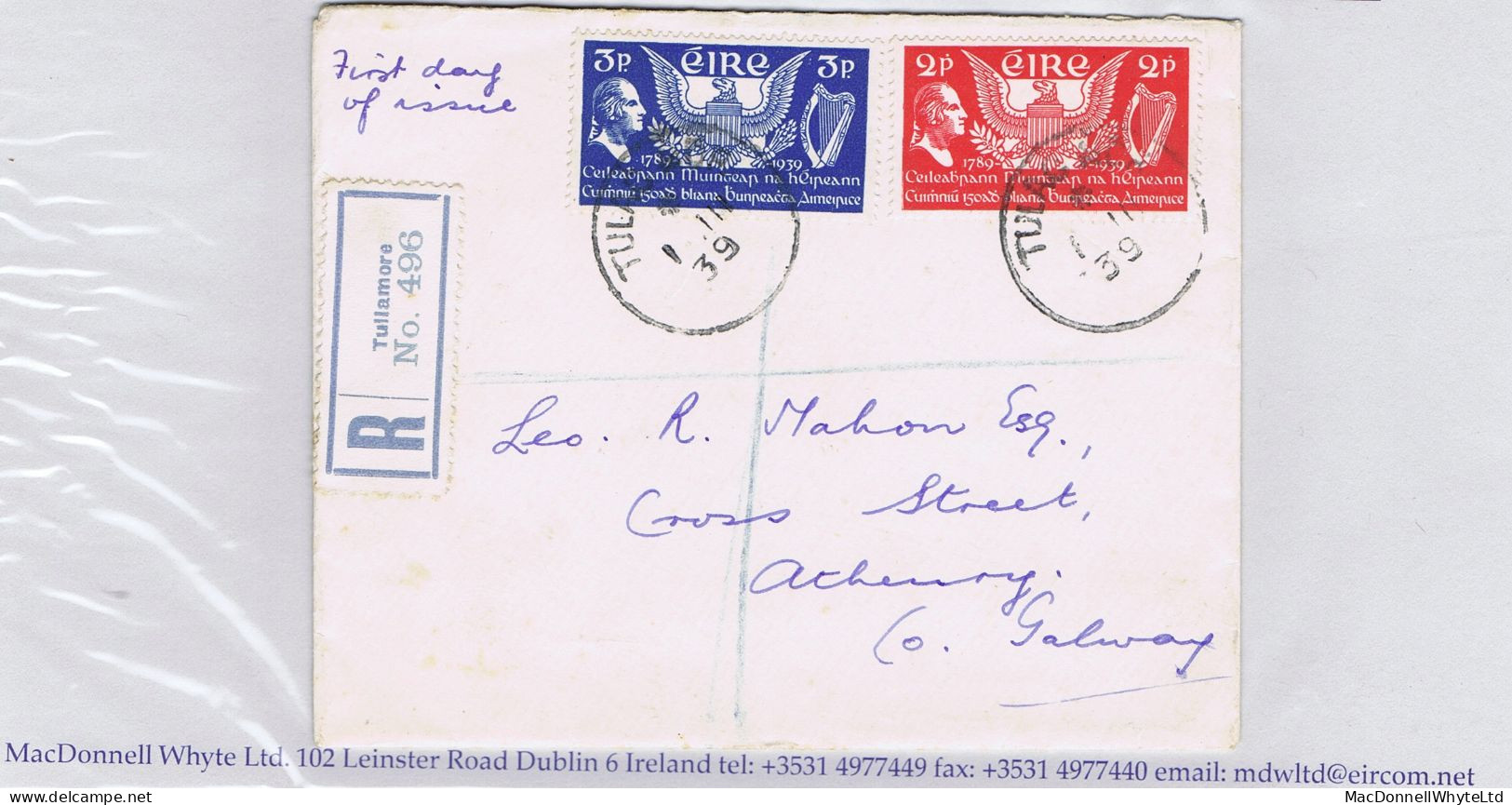 Ireland 1939 US Constitution Set On Registered First Day Cover Tullamore Cds 1 III 39 - FDC