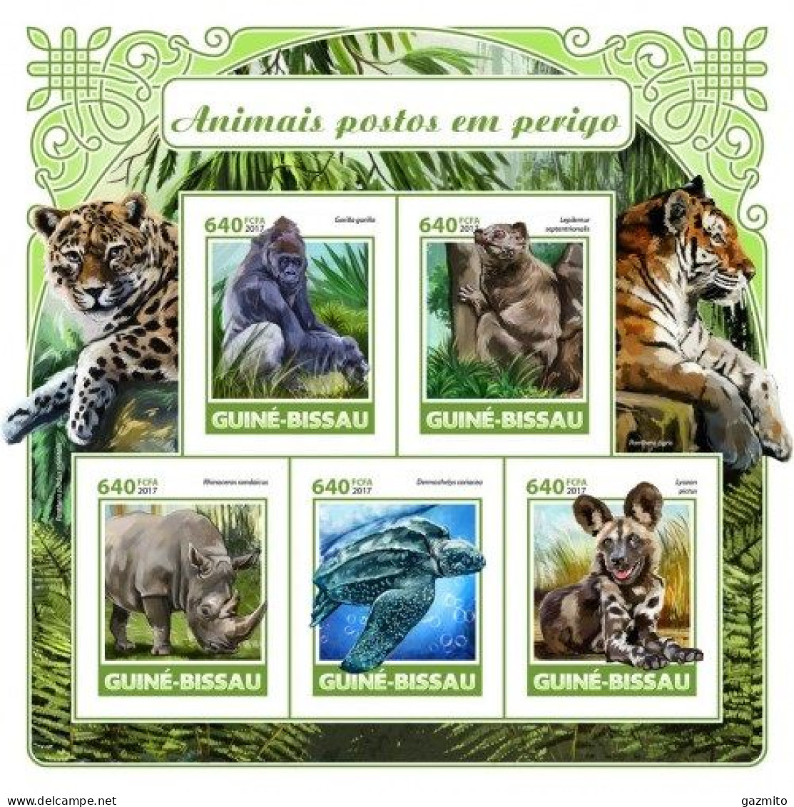 Guinea Bissau 2017, Animals In Danger, Tiger, Rhino, Turtle, Leopard, 5val In BF IMPERFORATED - Rhinocéros