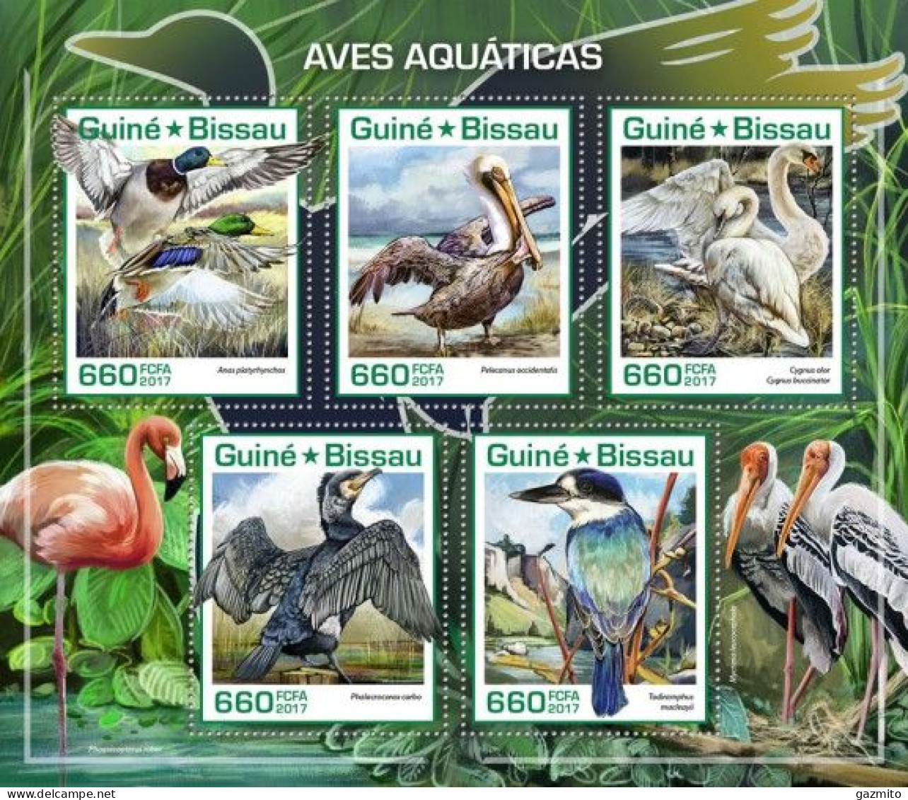 Guinea Bissau 2017, Animals, Water Birds, Kingfisher, Flamingo, Ducks, 5val In BF - Flamencos