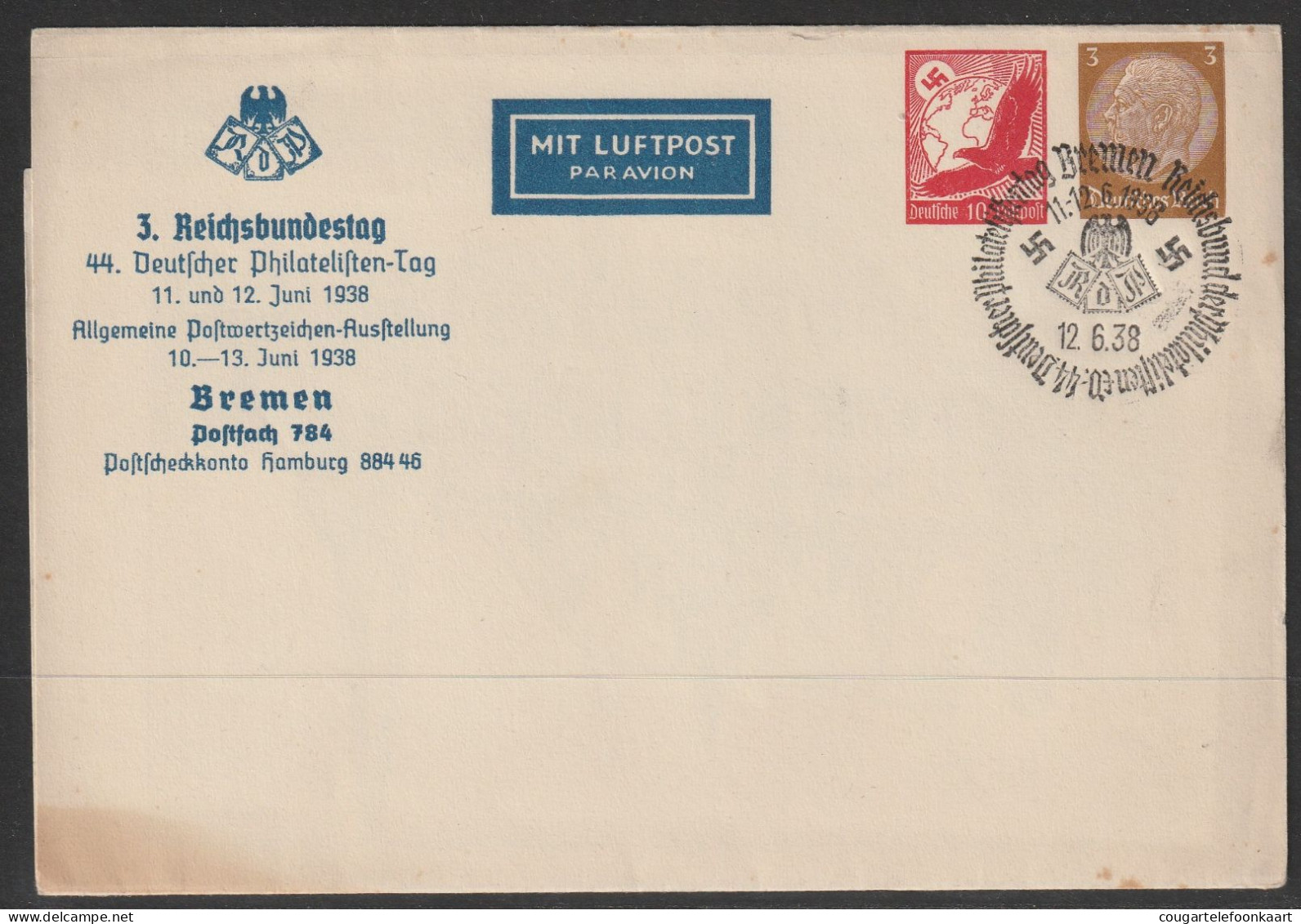 Umschlag/Ganzsache, 3.Reichsbundestag 1938 Bremen, 13 Pfg., Gebraucht/used - Enveloppes