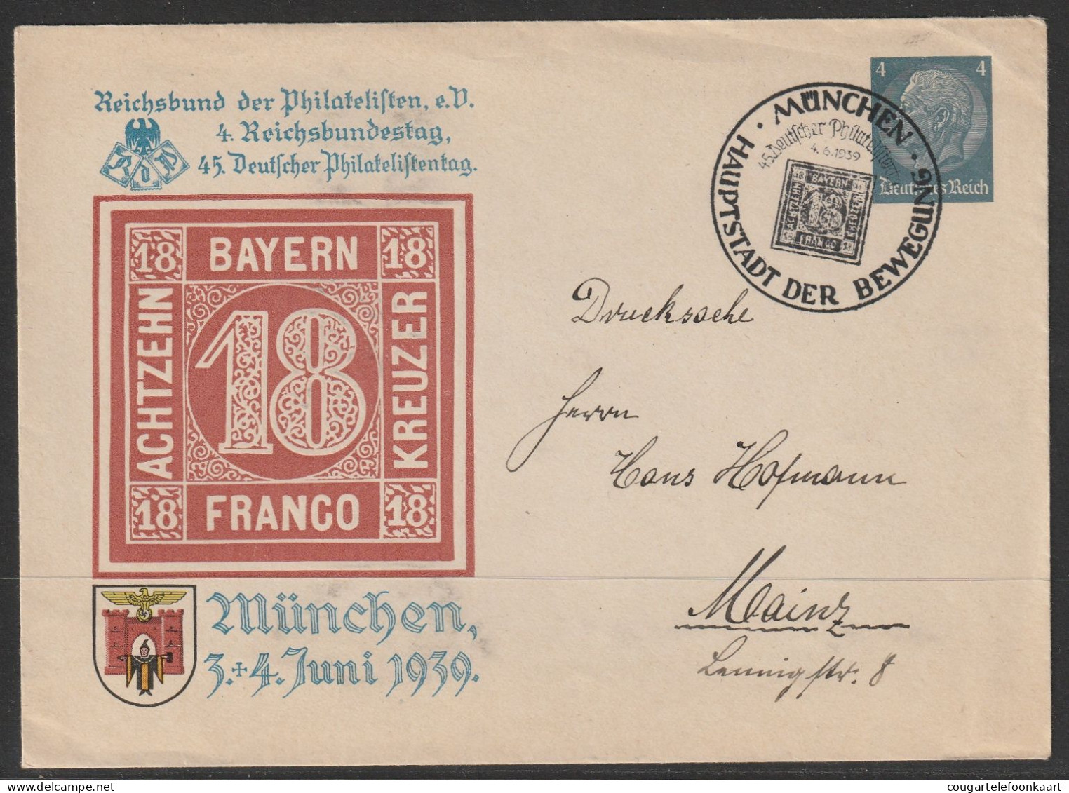 Umschlag/Ganzsache, 4.Reichsbundestag 1939 München, 4 Pfg. Hindenburg, Gebraucht/used - Enveloppes