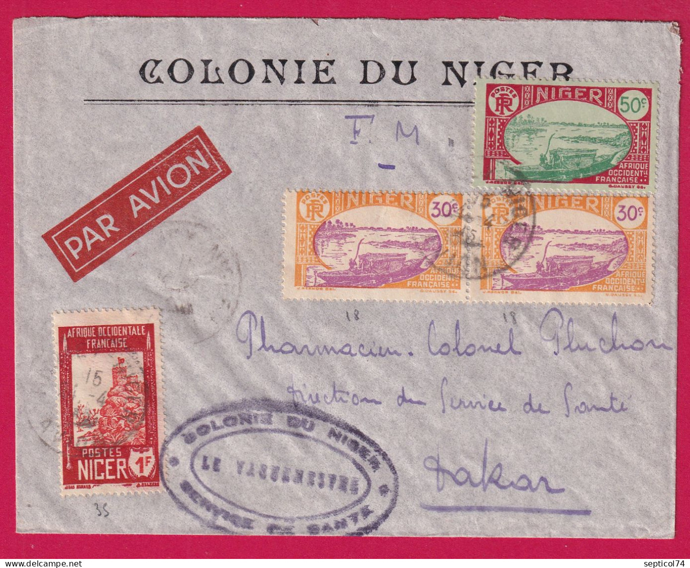 LETTRE FM SURTAXE AVION CAD NIAMEY NIGER AVION POUR DAKAR 1945 LETTRE - Briefe U. Dokumente