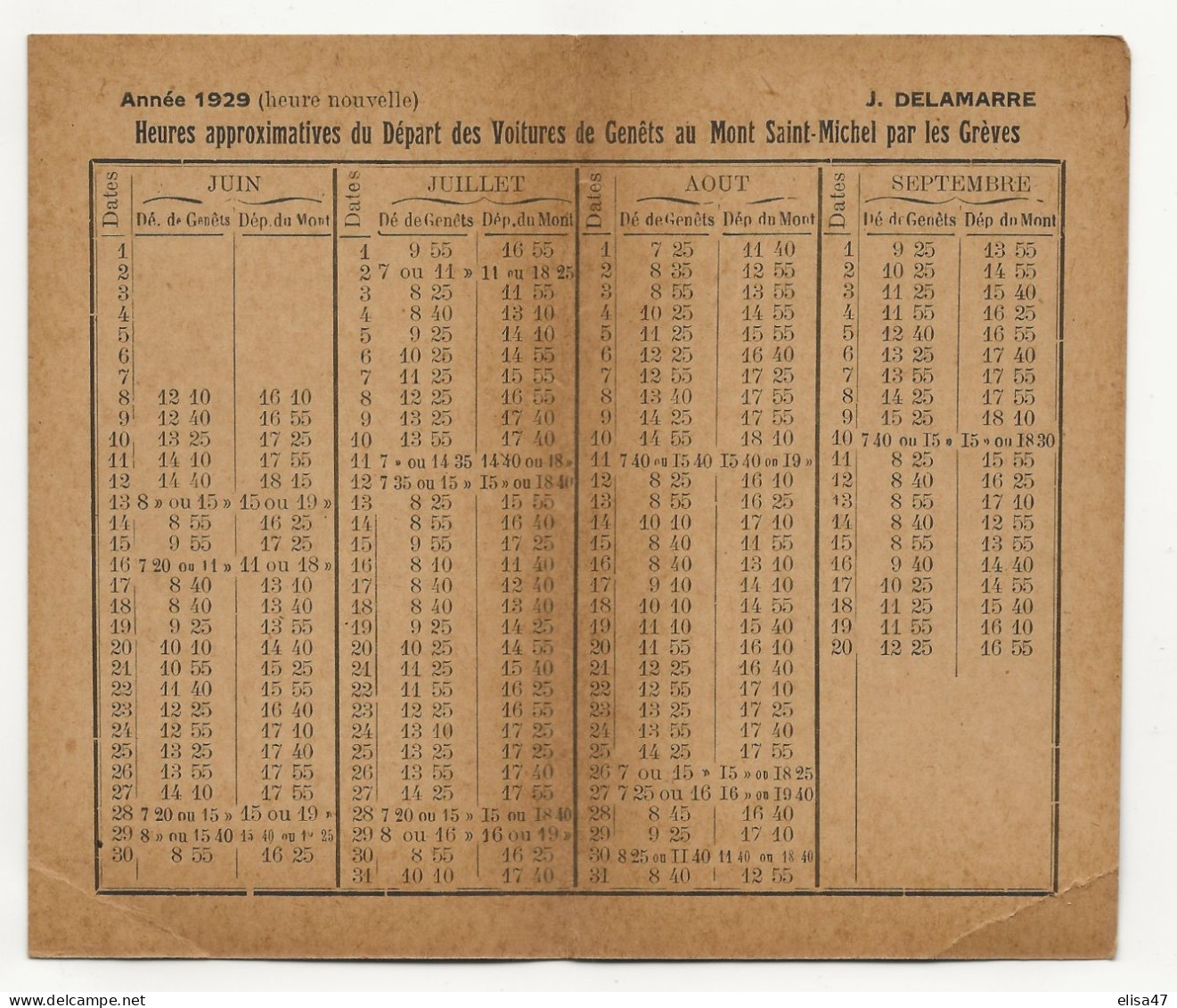 50 GENETS   1929   J   DELAMARRE   LOUEUR ET CAMMIONNEUR  SERVICE DE VOITURES  POUR LE MONT ST MICHEL - Europa