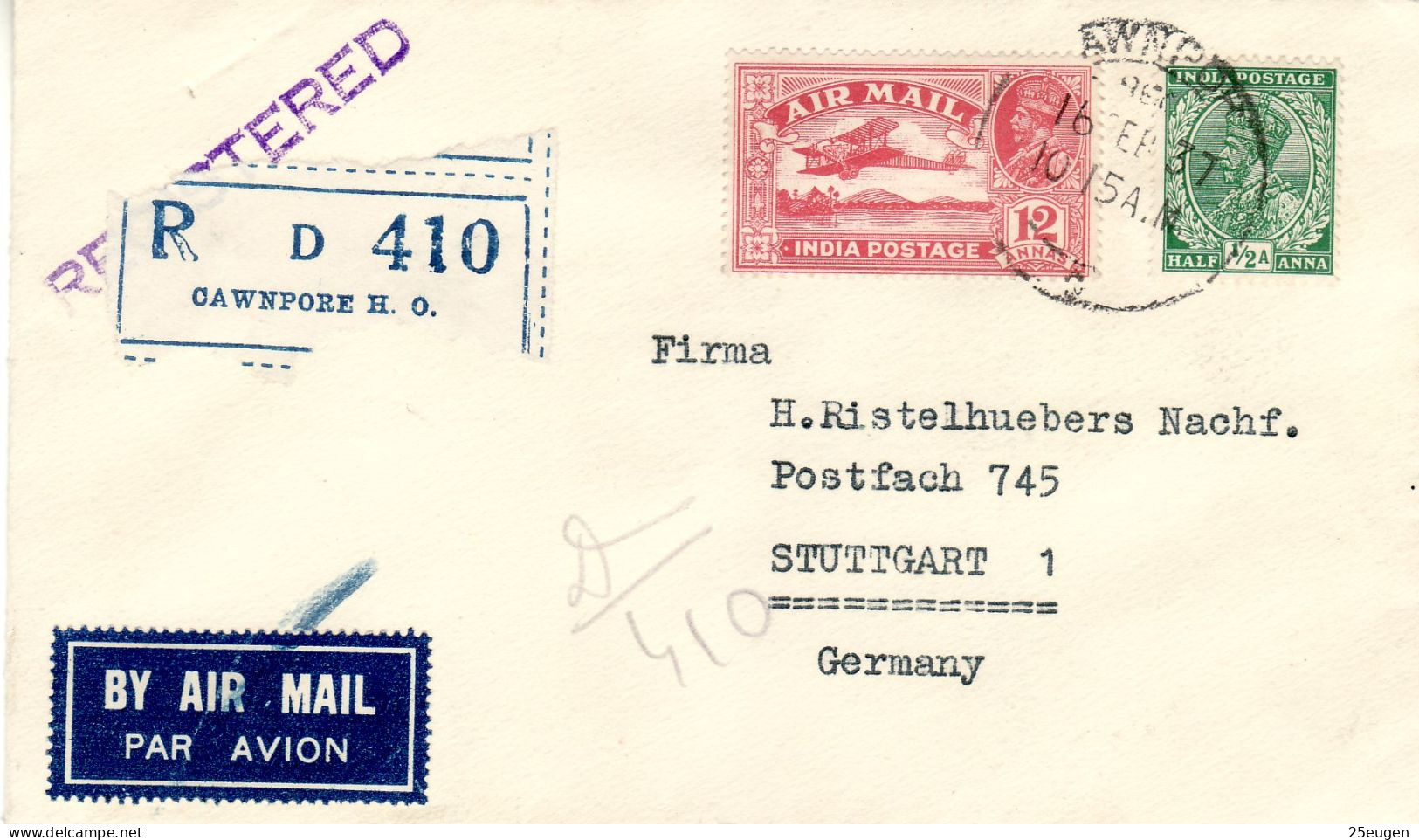 INDIA 1937 AIRMAIL  R - LETTER SENT FROM CAWNPORE TO STUTTGART - 1936-47 Roi Georges VI