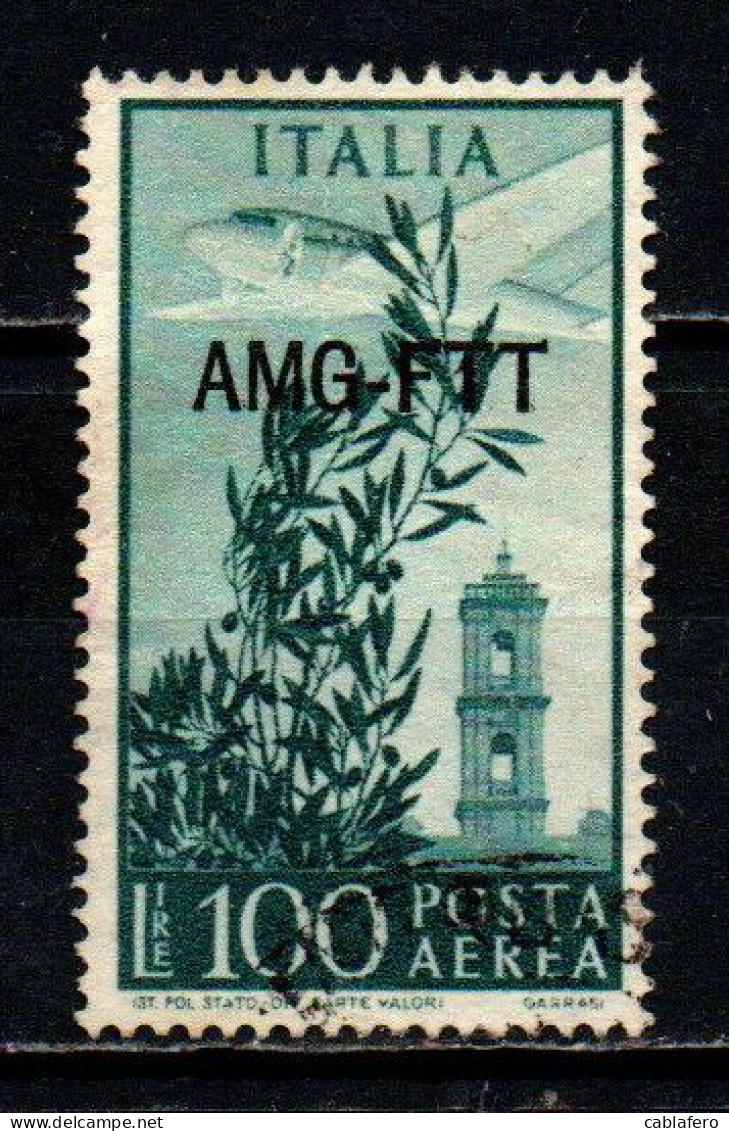 TRIESTE - AMGFTT - 1949 - CAMPIDOGLIO - SOVRASTAMPA SU UN LINEA - VALORE DA 100 LIRE VERDE AZZURRO - USATO - Poste Aérienne