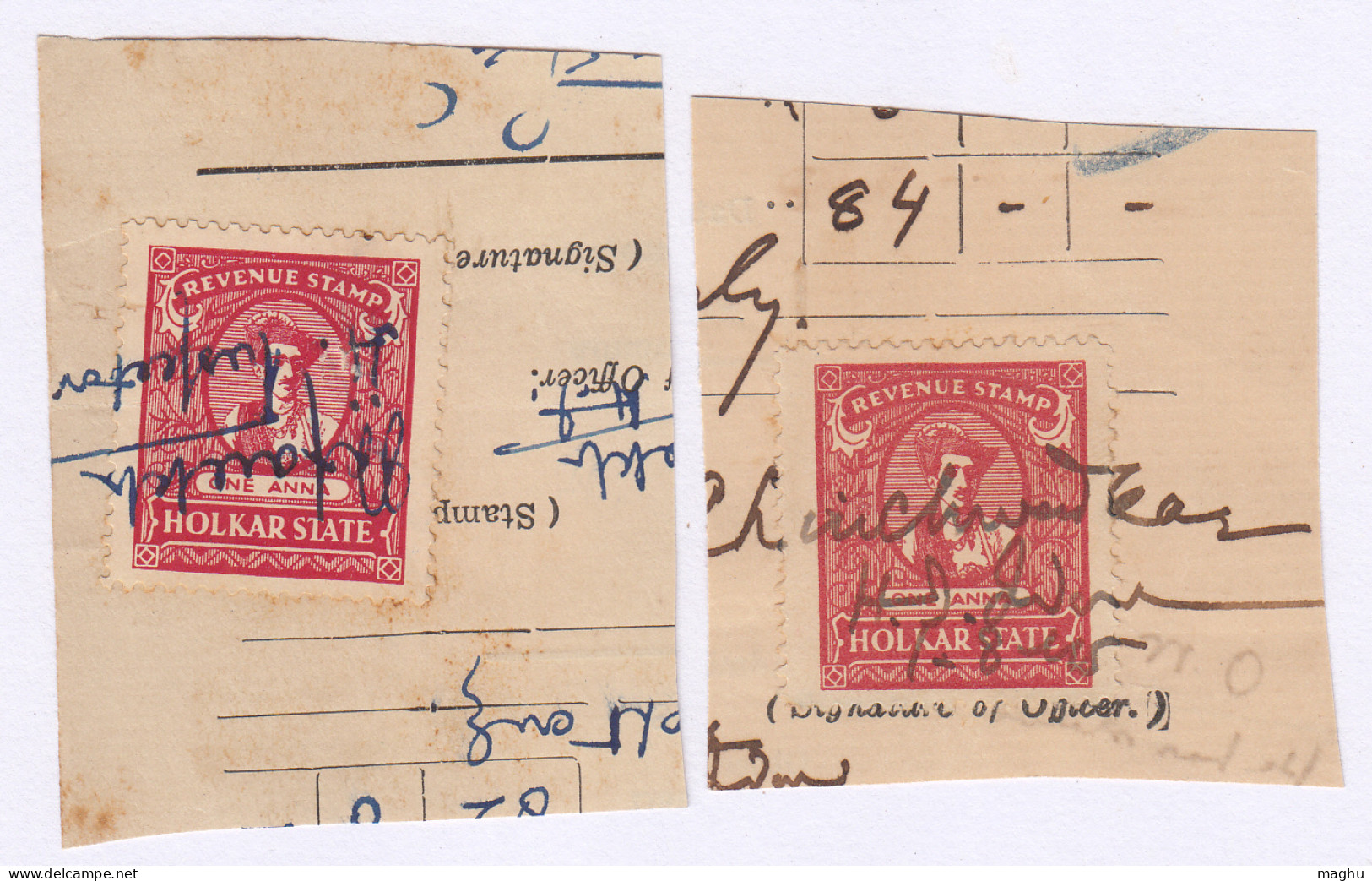 Holkar State Used Revenue Adhesive, One Anna X 2 Different Shade / Colour, Fiscal , British India - Holkar