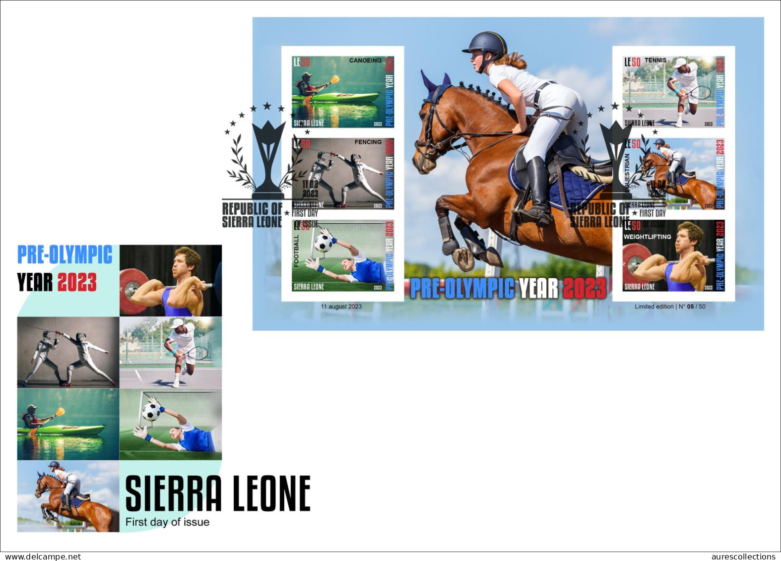 SIERRA LEONE 2023 FDC IMPERF SHEET 6V - OLYMPIC GAMES PARIS 2024 CANOE FENCING FOOTBALL TENNIS WEIGHTLIFTING EQUESTRIAN - Verano 2024 : París