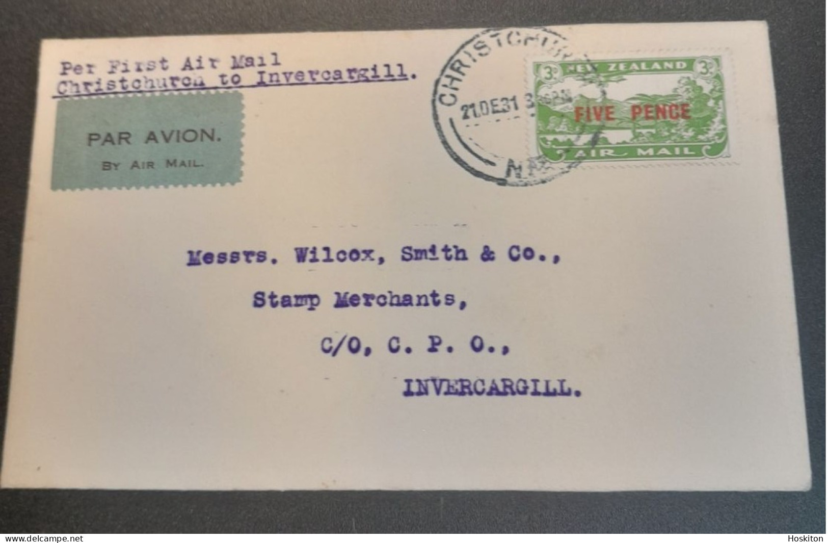 1931-24 Dec Special Christmas Survey Flights Cat 62v Christchurch-Invercargill - Lettres & Documents